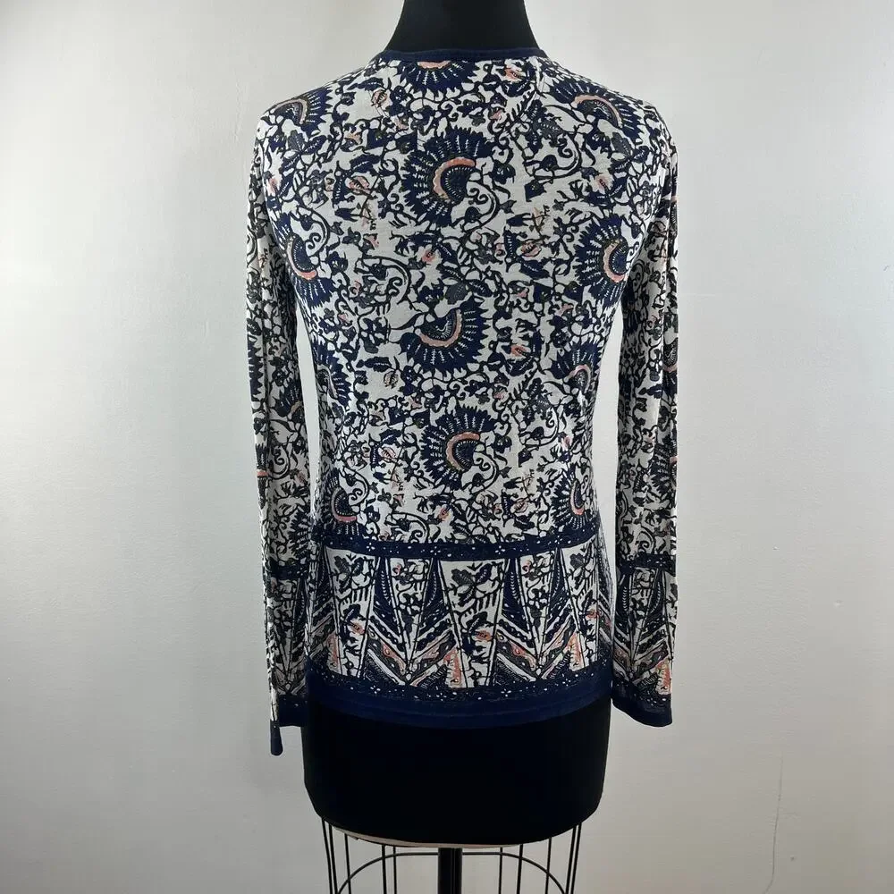 TORY BURCH White Navy Blouse Cotton Moroccan Crew Neck Pullover Size XX-Small